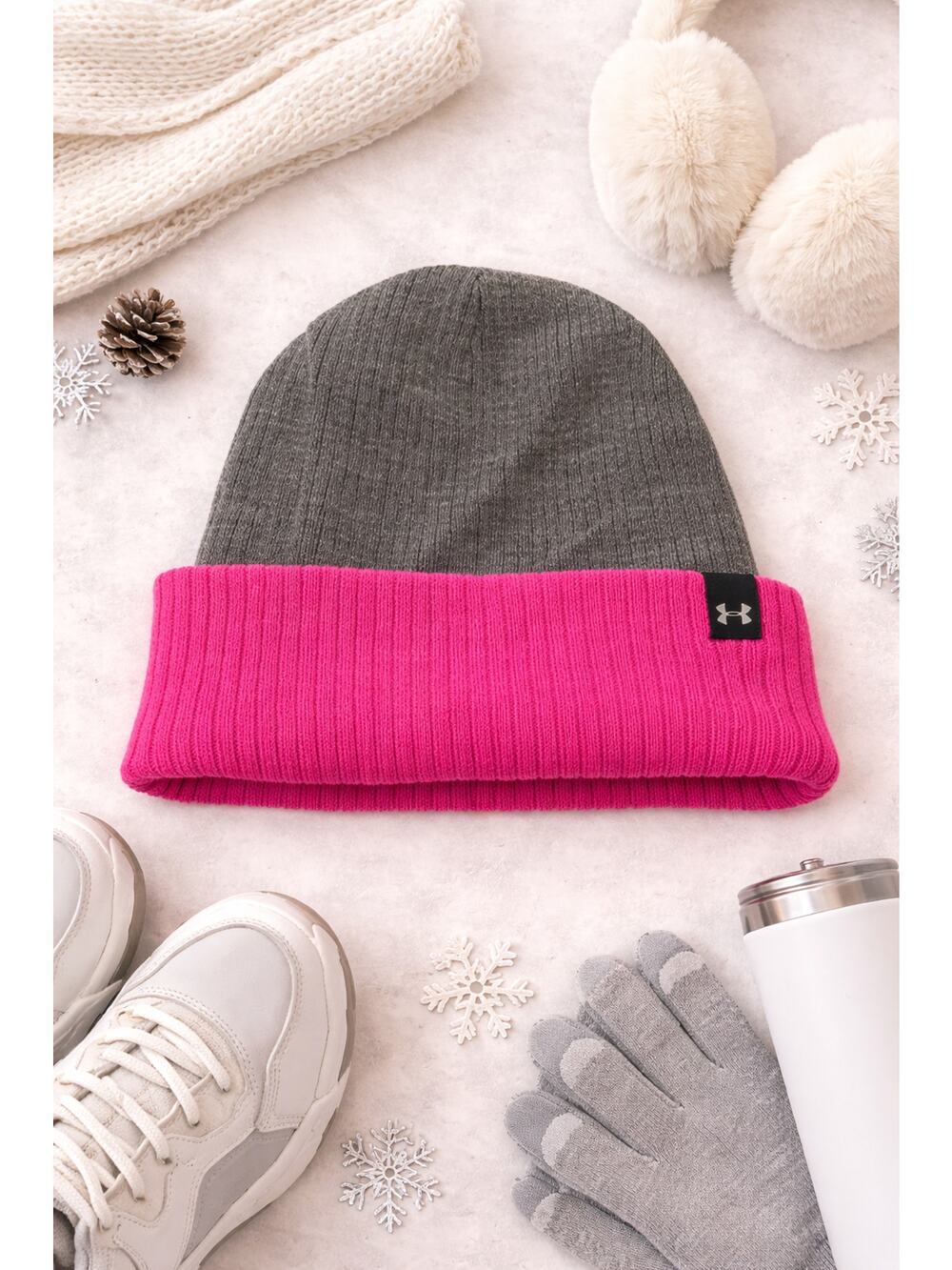 Under Armour Women's Ribbed Knit Reversible Beanie Hat Gray/Pink One Size